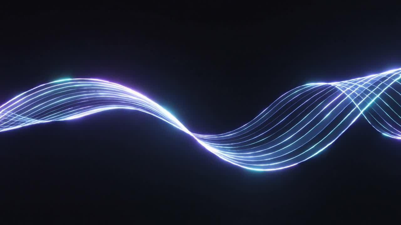 Forma d'onda multifilo sfasata che si muove lungo uno sfondo a gradiente scuro, creando nodi e impulsi luminosi.