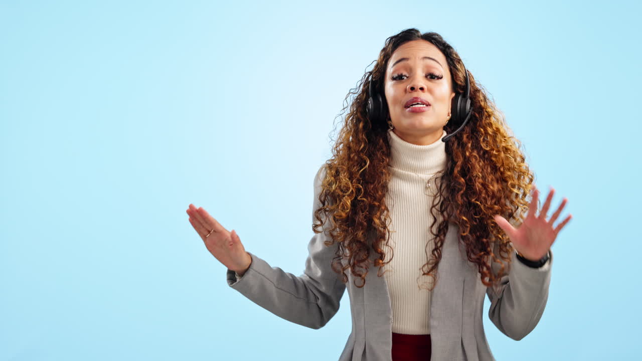 Woman, call center and headphones talking