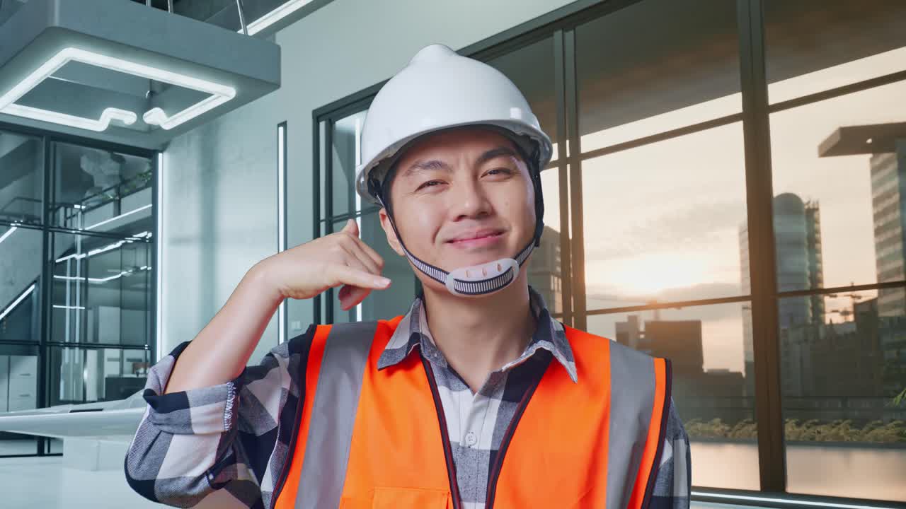 안전 헬을 입은 아시아 남성 엔지니어가 카메라를 향해 미소 짓고 드론 프로젝트와 함께 서있는 동안 나를 호출하는 제스처를 만니다.