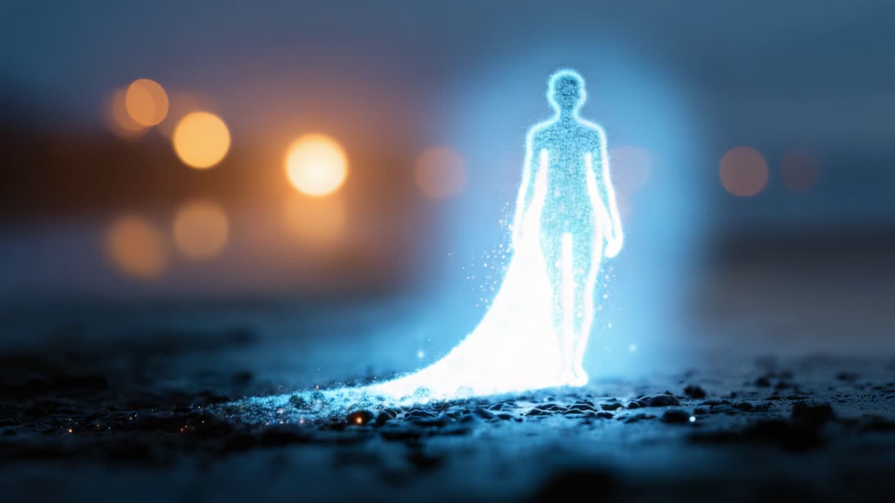 A mesmerizing figure made of shimmering particles walks into the distance, leaving a trail of magic and light on a darkened shoreline, enveloped in mystery