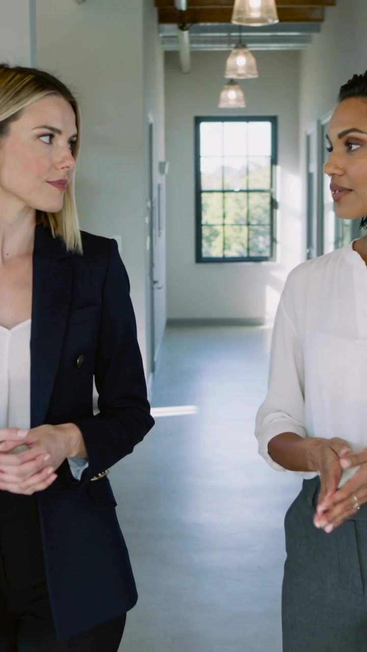 Vertical video: Heading to meeting, two women in suits walking and talking in hallway with window