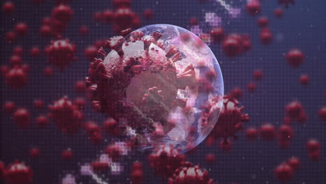 estructura del adn, células de covid-19 y globo contra el fondo azul