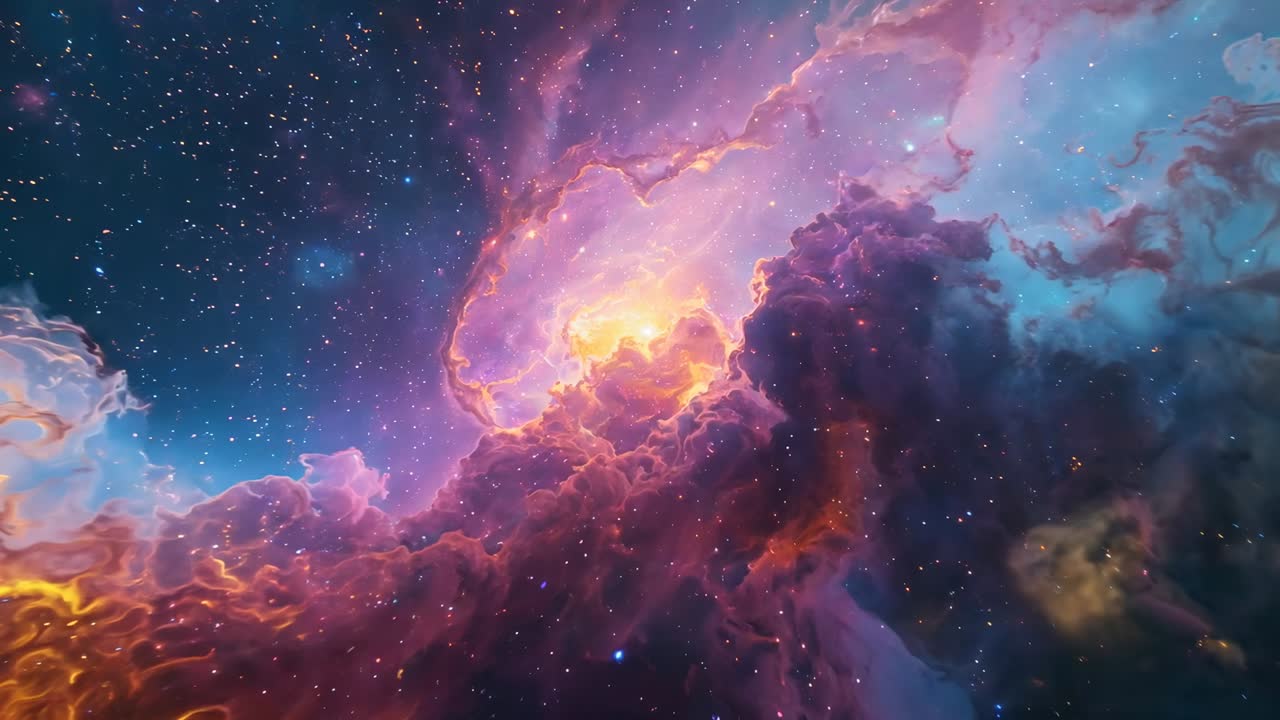 Opening sequence revealing nebula core pulsing in space, with purple blue orange gas, stars