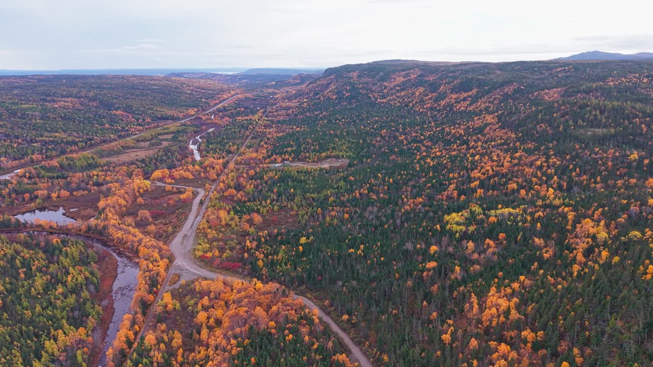Drone footage shows foggy mountains shrouded in mist with orange and green foliage
