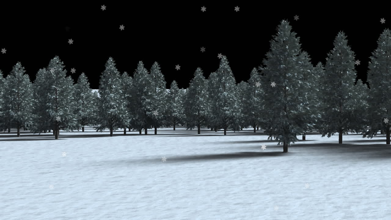 검은 바탕에 겨울 풍경에 여러 나무 위에 눈이 내리고 있습니다.