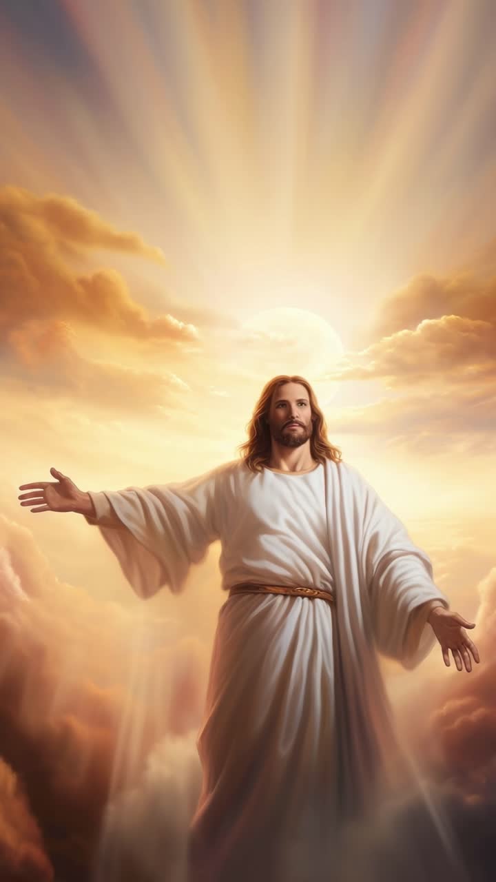 A divine figure in white robes stands with open arms, surrounded by radiant clouds