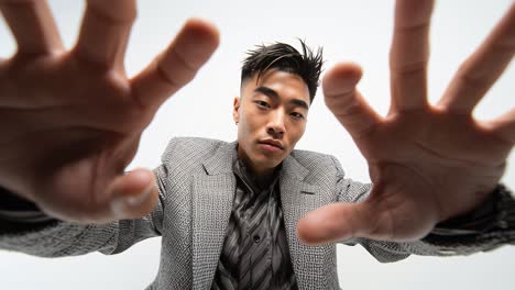 businessman reaching out with hands in slow motion on white background