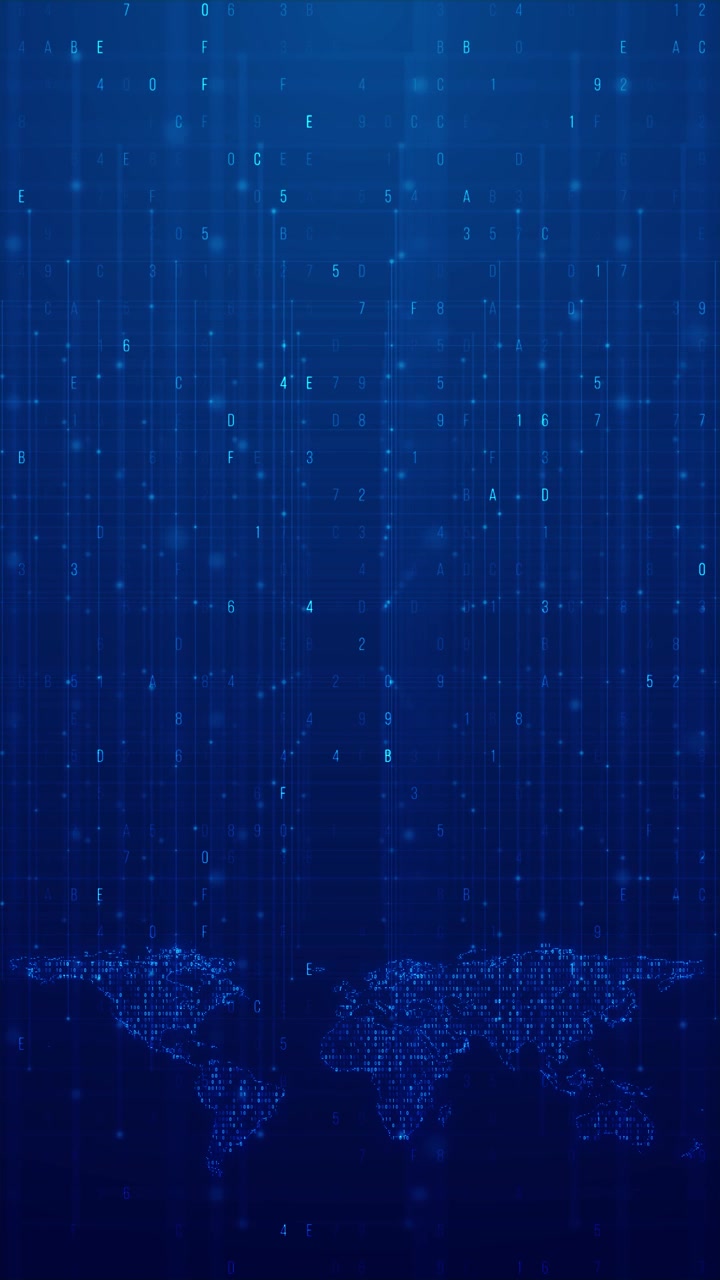 Blue binary world map background with glowing digital continents falling code numbers vertical grid