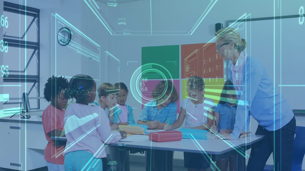 Teacher guiding children cutting shapes for art in education with animated data grids converging