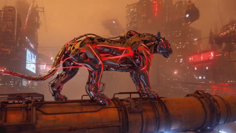 cybernetic panther in a futuristic dystopian city