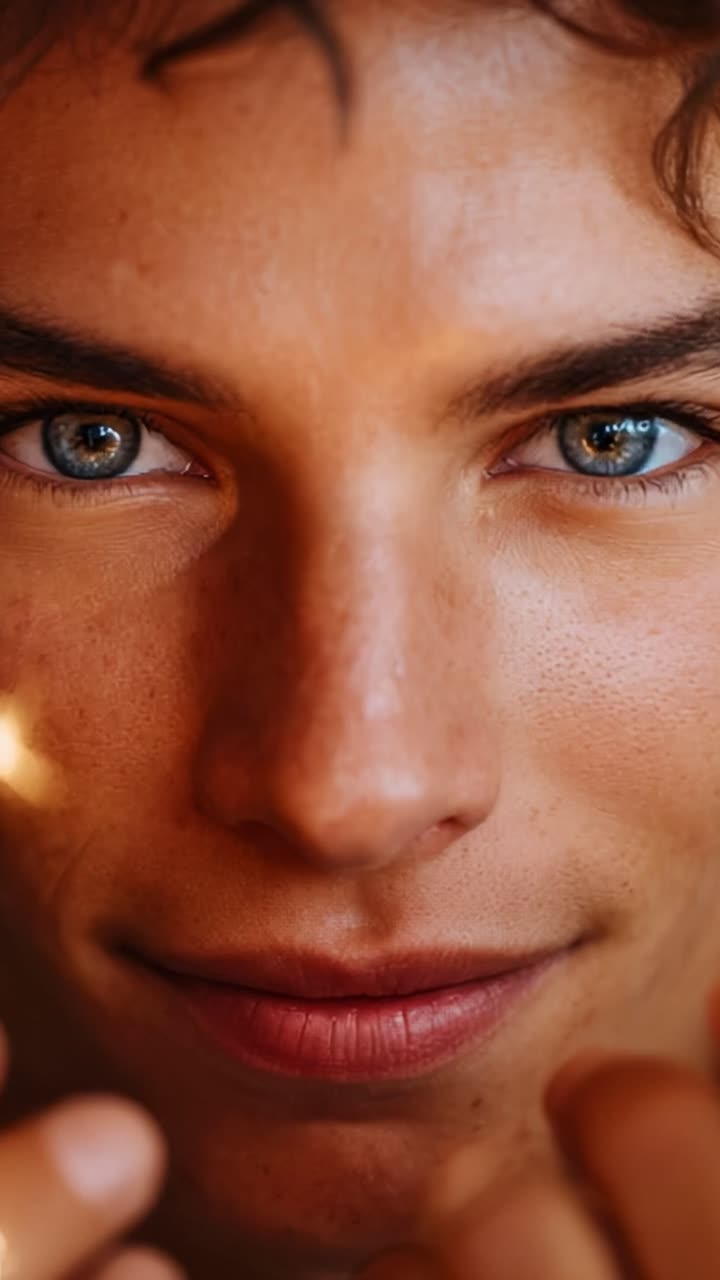 Captivating Close-up of a Young Man's Expressive Face, Featuring Striking Blue Eyes and a Charming Smile, Radiating Positivity and Intrigue in Natural Light, Perfect for Portrait Photography Enthusiasts