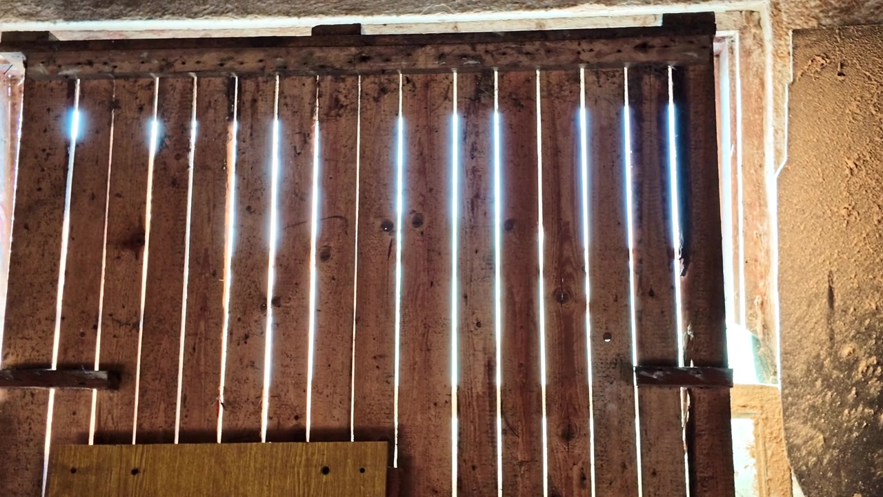 Raggi di sole che filtrano attraverso le fessure di una parete di legno con polvere che fluttua nell'aria di un vecchio edificio.