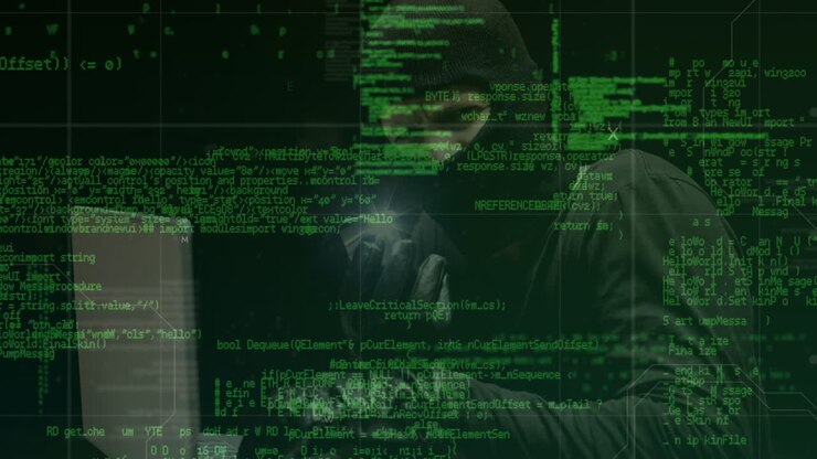 Animazione di elaborazione dati su hacker informatico maschio caucasico con passamontagna che usa un laptop