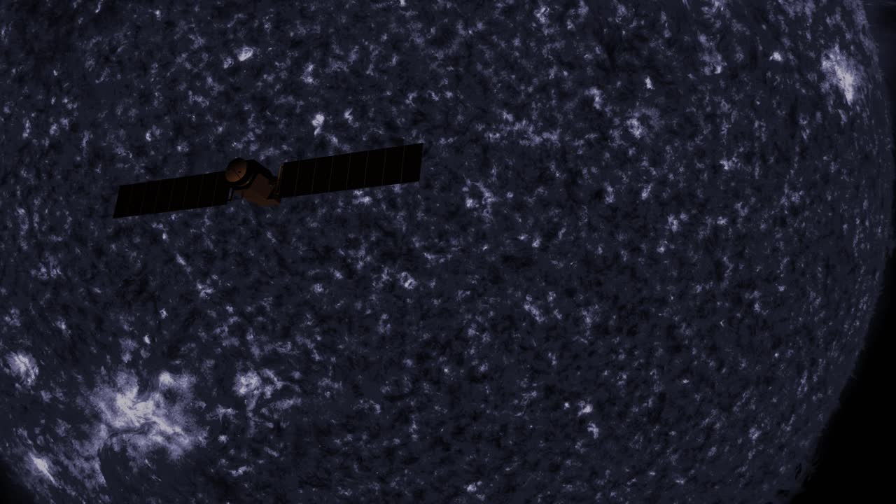 el satélite pasa por la luna, el planeta, la ciencia ficción en silueta 4k.