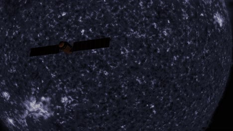 el satélite pasa por la luna, el planeta, la ciencia ficción en silueta 4k.