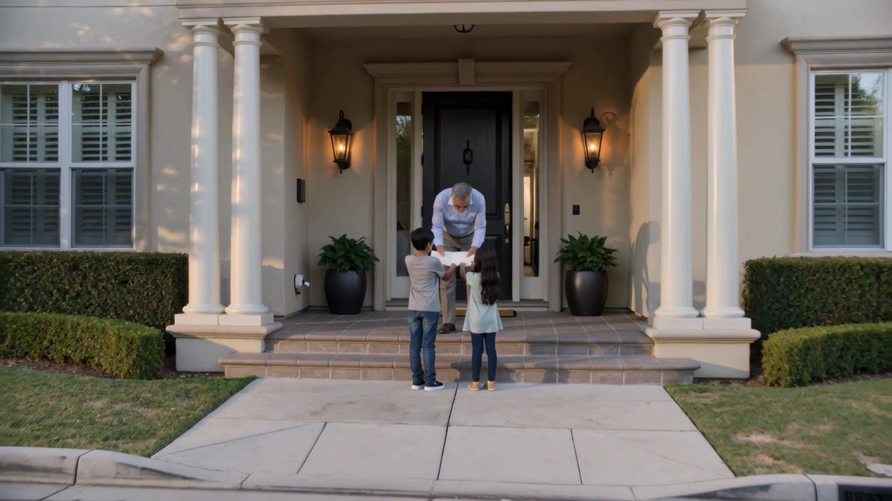 Walking two children approaching porch steps, delivering white package, senior taking in blue shirt