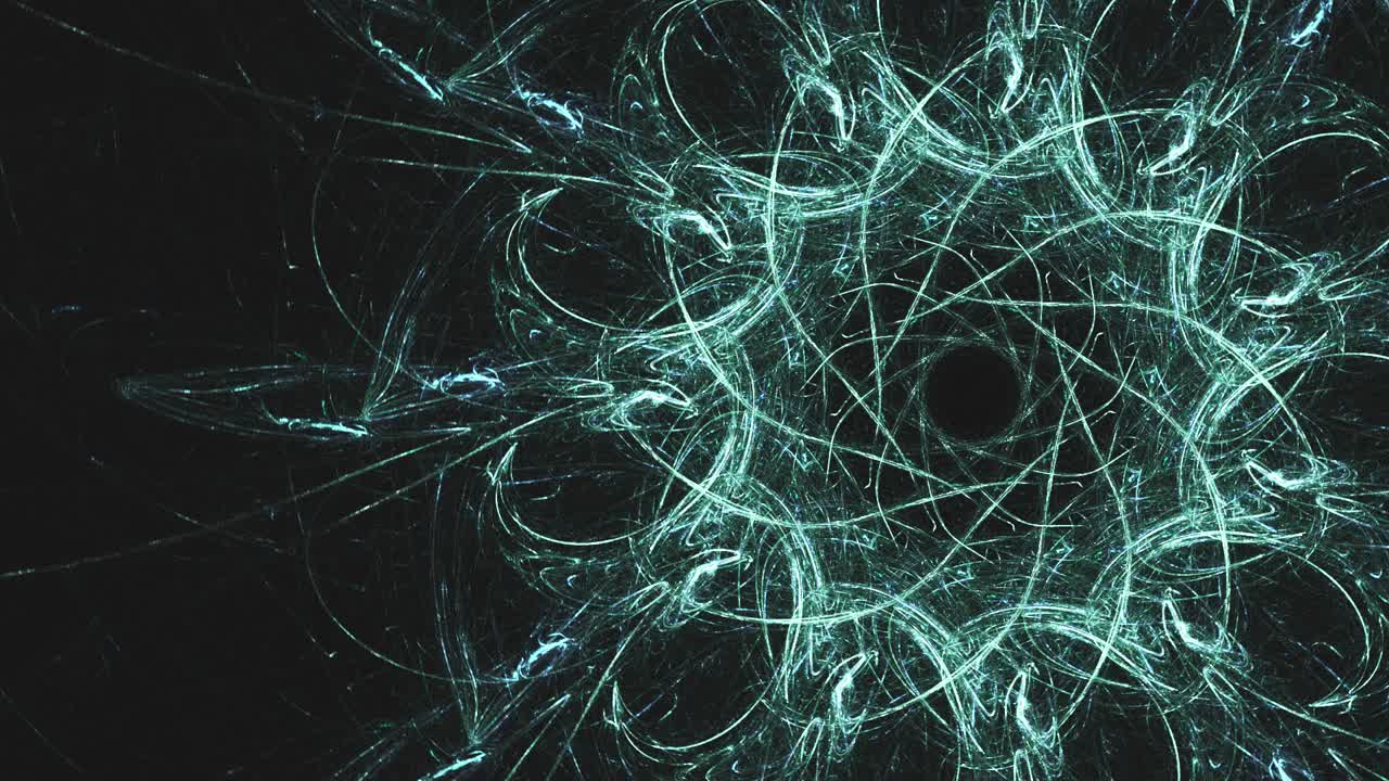 vórtice fractal alienígena con líneas de contraste profundo en verde descolorido, círculos de video de fondo de caos sin fin