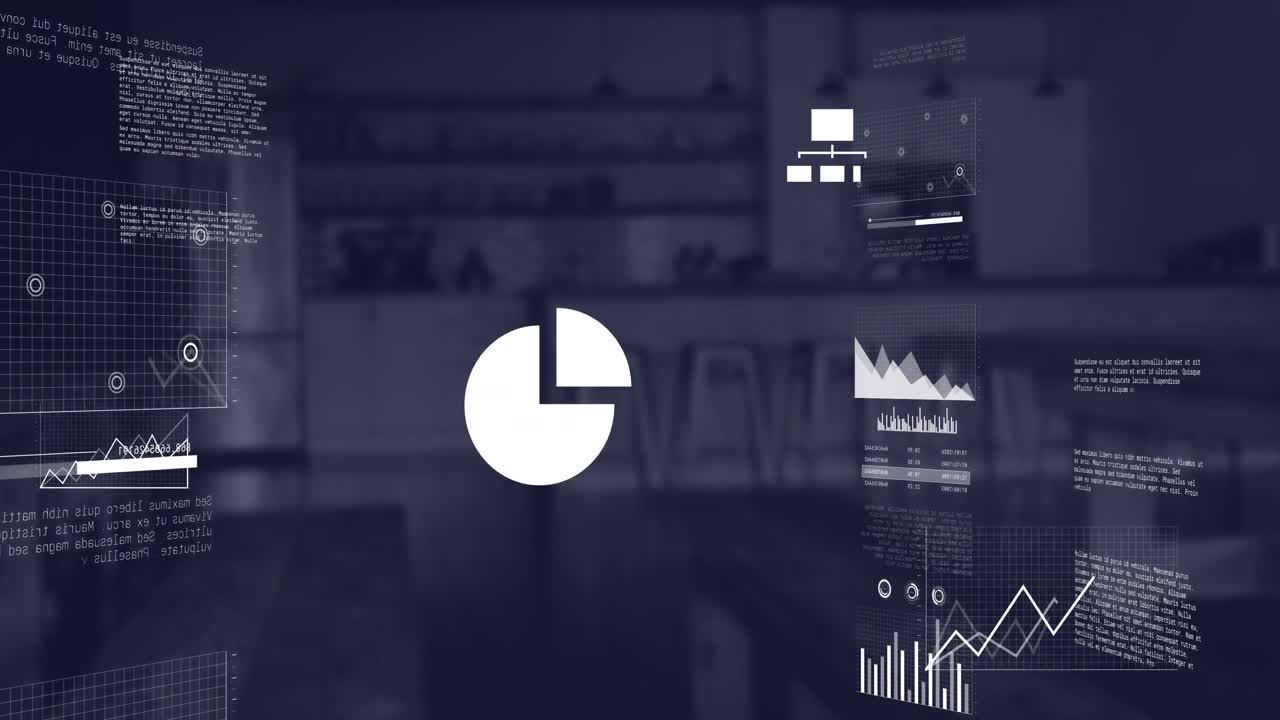 Animation of multiple graphs, laptop with cloud icon and computer language over coffee shop