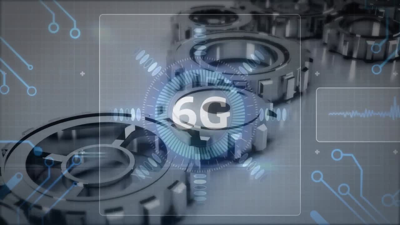 animación de texto de 6g, interfaz y placa base moviéndose sobre el giro de los engranajes de cromo