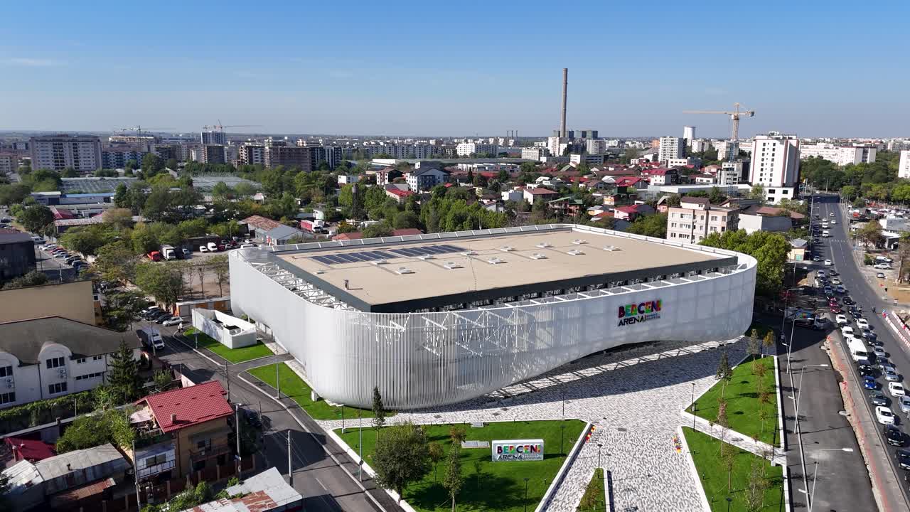 Rotating Aerial View Over Berceni Arena Ice rink, Bucharest, Romania