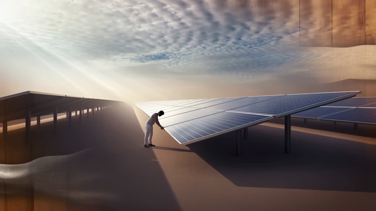 Man working on solar panels in a desert landscape at sunrise