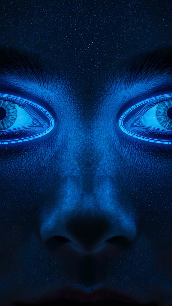 Vertical video: Pulsing from frames alien face shifting cyan eyes in starry void evoking breathing