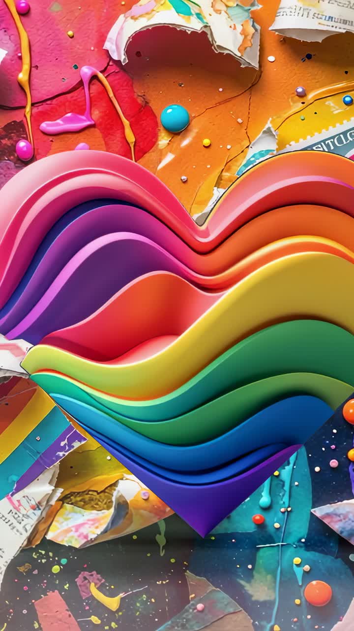 Vertical video: Starting recording camera capturing table collage, with 3D rainbow heart and drips