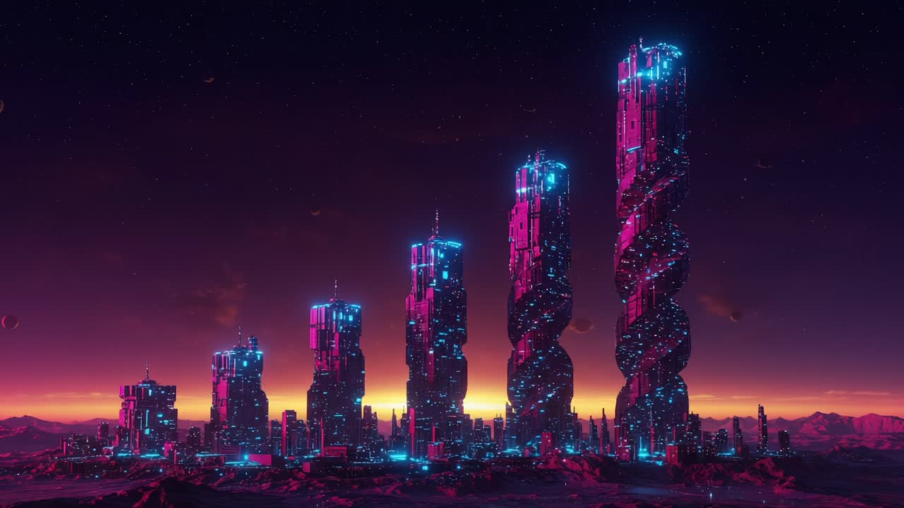 A breathtaking view of futuristic skyscrapers illuminated in neon hues, spiraling into the twilight, showcasing a blend of advanced architecture and vibrant colors against a cosmic sky