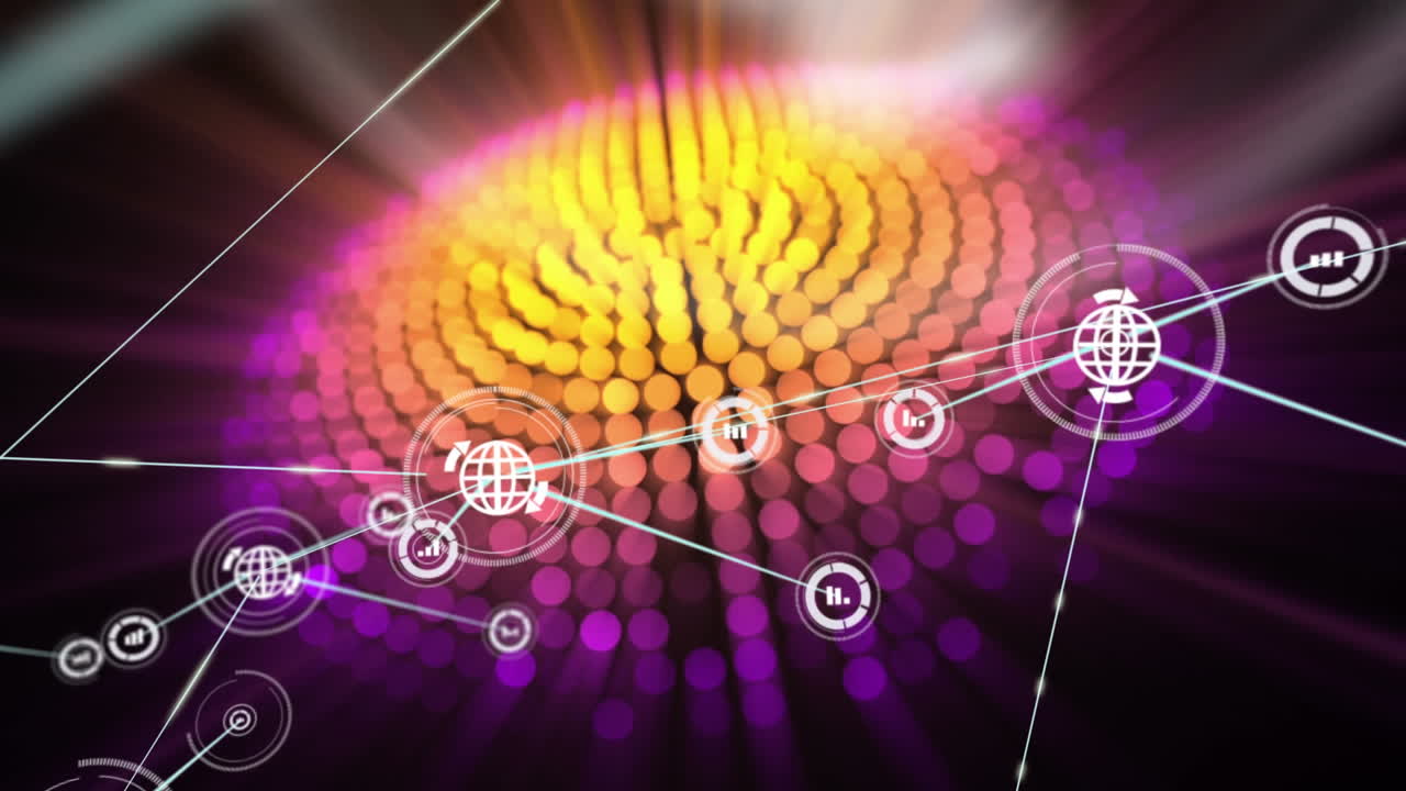 Animation of network of connections with icons over shapes on black background