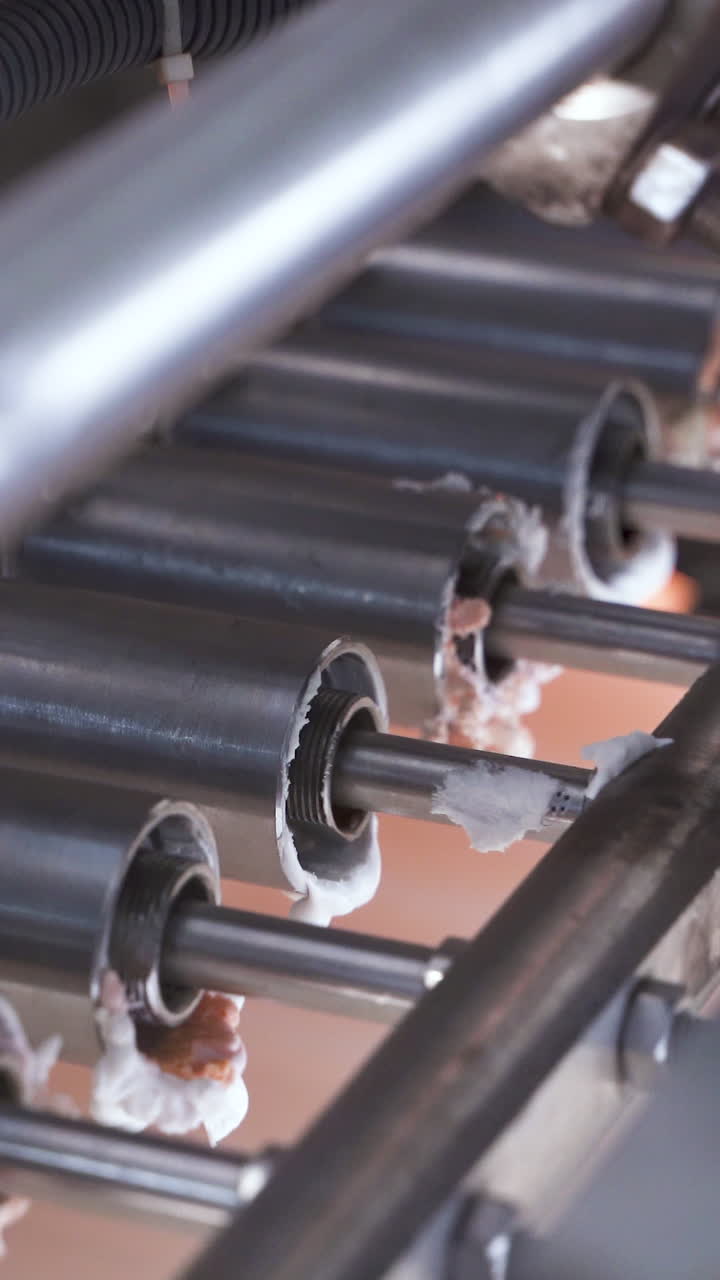 Pistons extruding cream for the production of marshmallows. Mechanism at the confectionery factory. Close-up. Vertical video