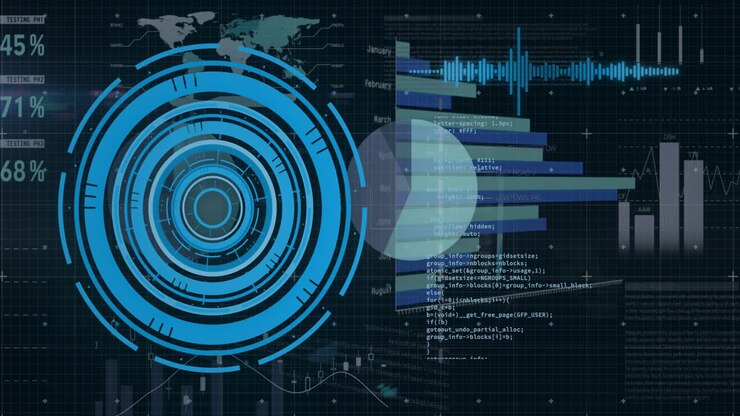 Animation of financial data processing and scope scanning on black background