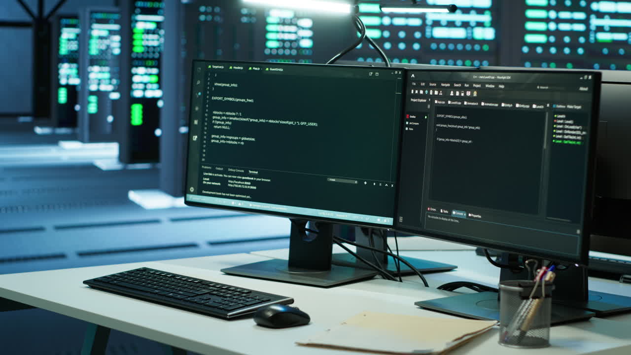 Computer displays on desk in server farm