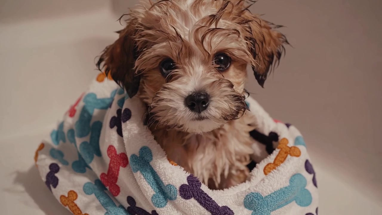 Wet Puppy Wrapped in a Towel After Bath