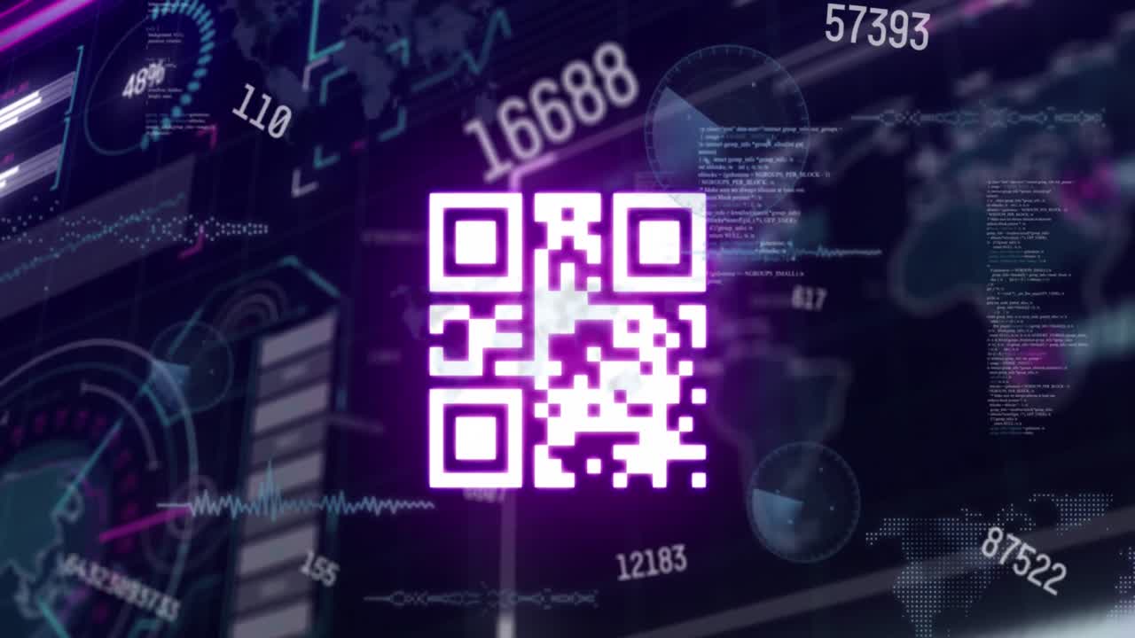 animación del código qr y procesamiento de datos sobre fondo negro