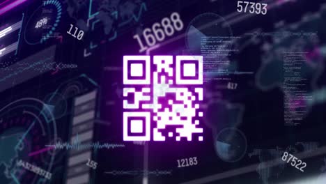 Animation of qr code and data processing on black background