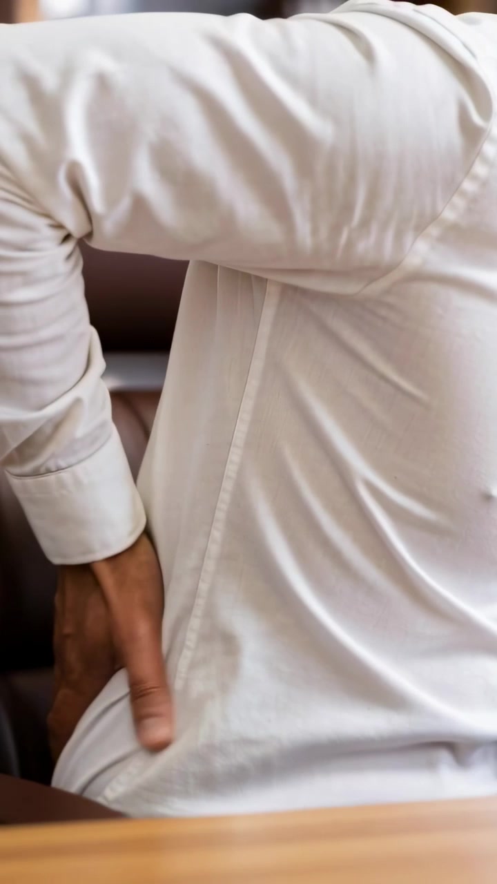 Vertical video: Feeling pain, man in white thobe rubbing lower back at cafe booth, bench visible
