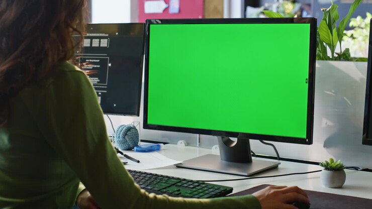 Freelancerin, die zu Hause am Arbeitsplatz auf einem Mockup-PC surft. Berufstätige Frau bei der Arbeit
