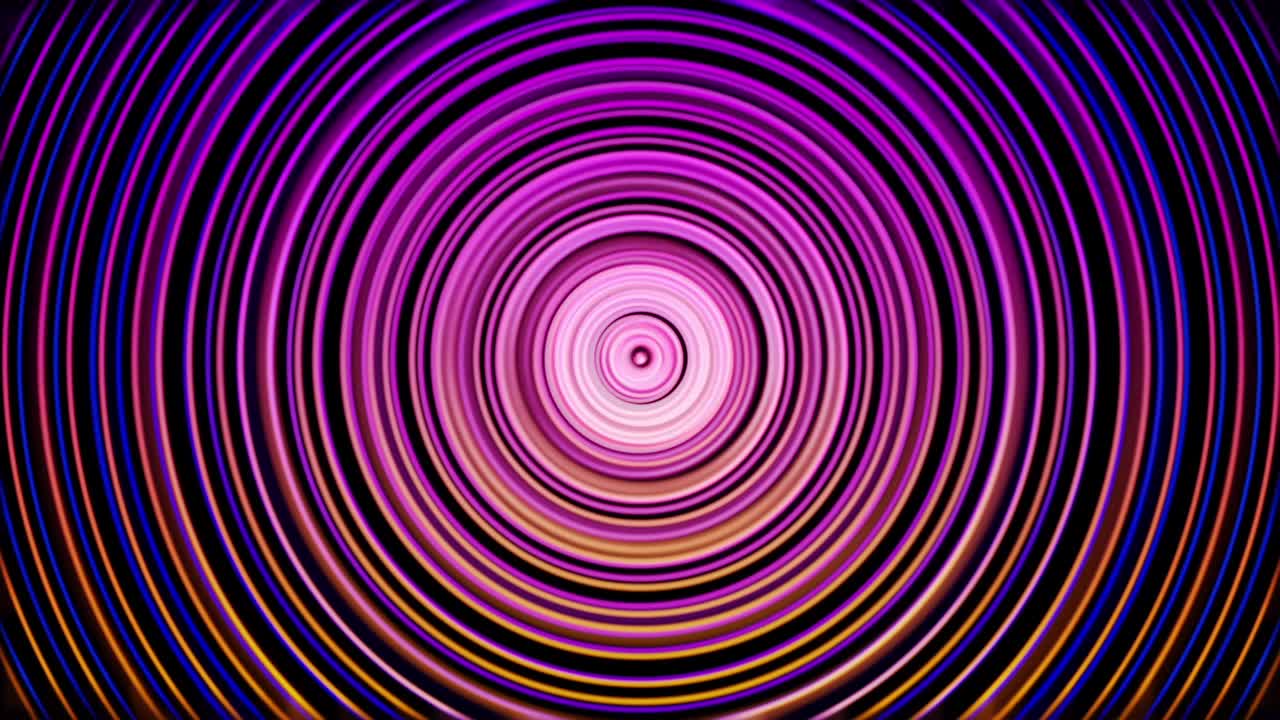 Abstract rings of pink, blue, and yellow colors moving on black background, seamless loop. Animation. Neon glowing circles shimmering and flowing slowly