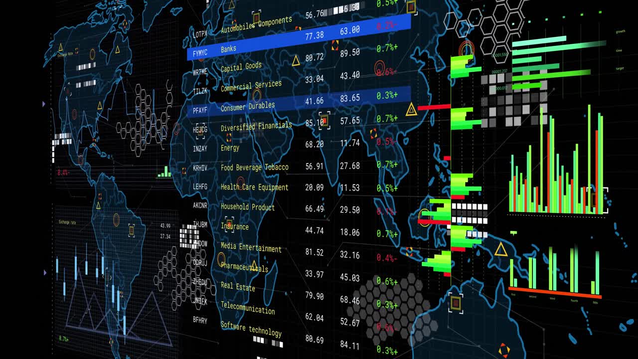 Animation of financial data processing over screen and world map