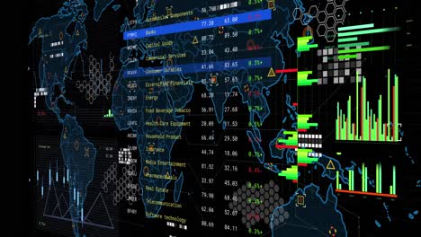 animation of financial data processing over screen and world map