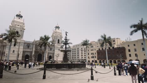 the plaza mayor de lima with people strolling in lima district, peru, south america. sideways shot
