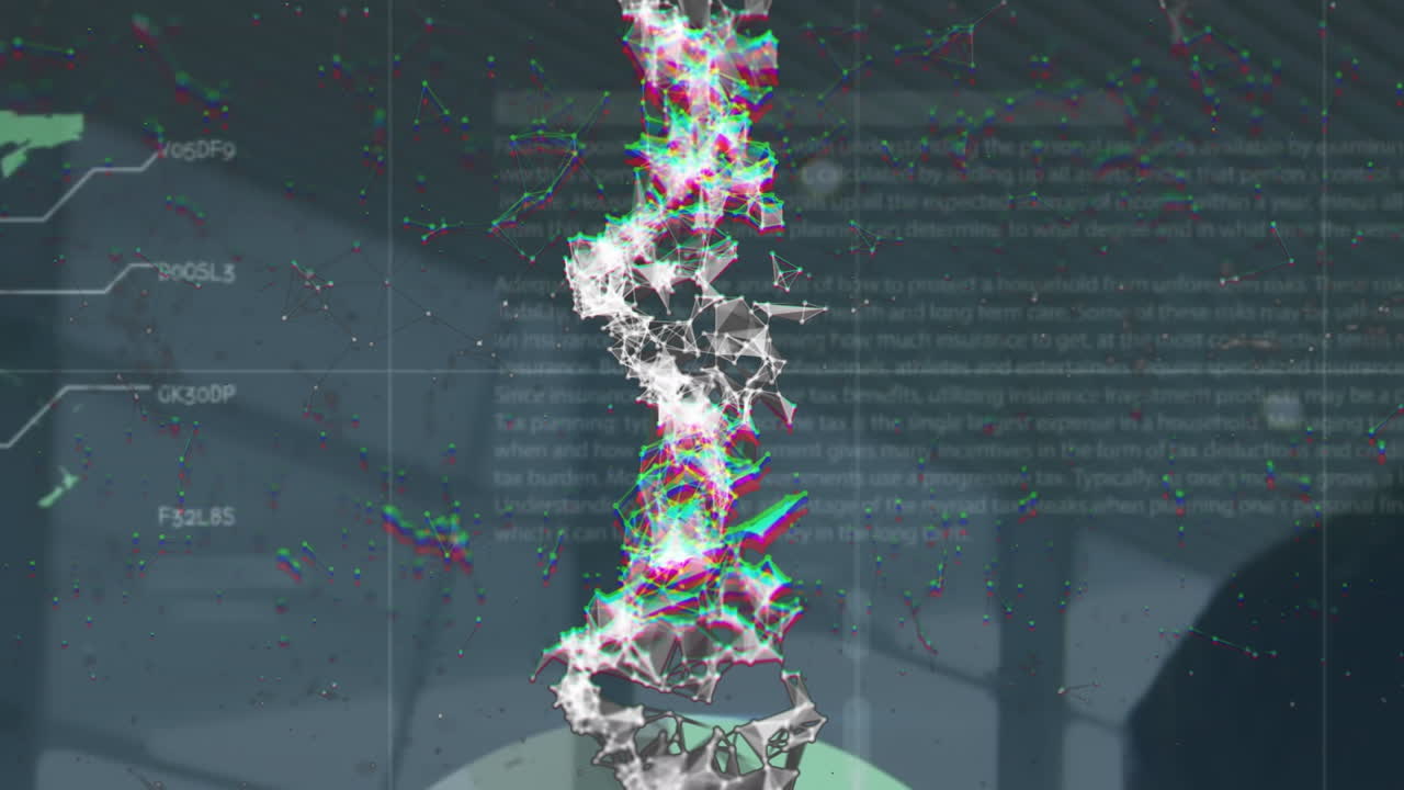 dna 스트랜드의 애니메이션과 데이터 처리는 사무실에서 다양한 비즈니스 사람들을 통해