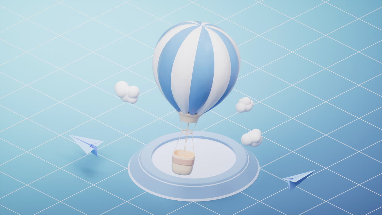 파란색 만화의 열기 풍선의 루프 애니메이션, 3d 렌더링