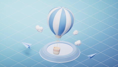 loop animation of blue cartoon hot air balloon, 3d rendering.