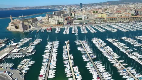 Aerial-of-France,-Cote-d'azur,-Menton,-Old-Port-of-Marseille-and-sea-in-French-riviera