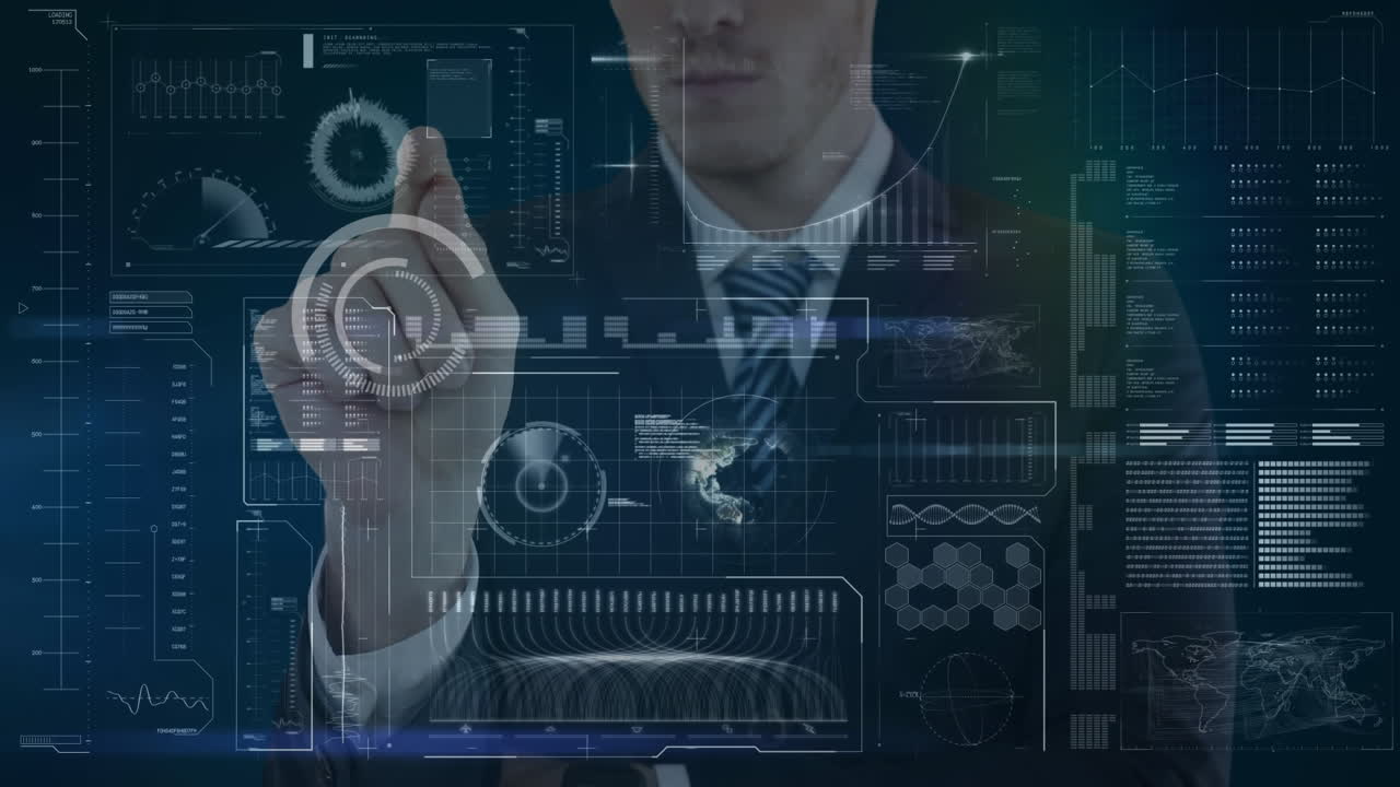 Animazione di un uomo caucasico che utilizza uno schermo interattivo 3D.