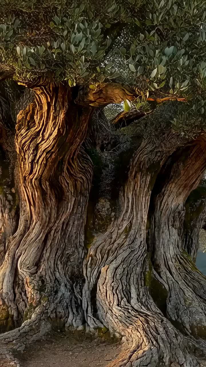 Video verticale: panoramica della camera, che mostra tronchi nodosi sulla riva costiera, rivelando l'acqua in lontananza