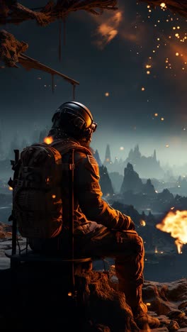 astronaut gazing at a fiery lunar landscape after an alien event