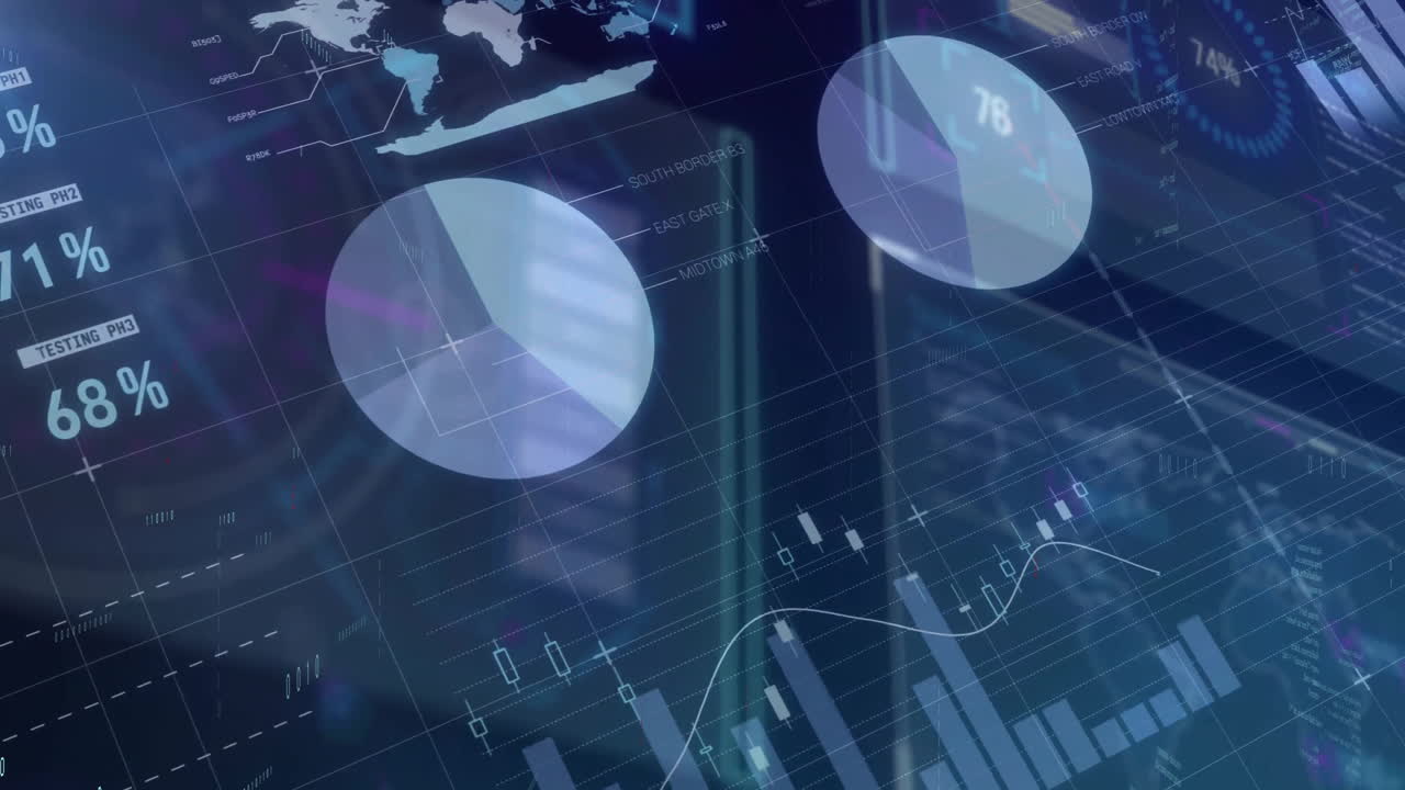 Animation of digital data processing over screens on black background