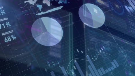 animation of digital data processing over screens on black background